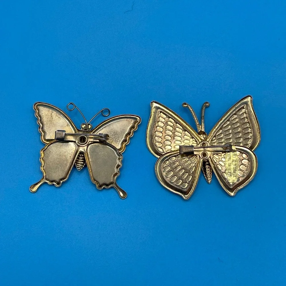 Butterfly Brooch Pin Set Multicolor Enamel Glitter Gold Tone Vintage 2pc 80s 90s